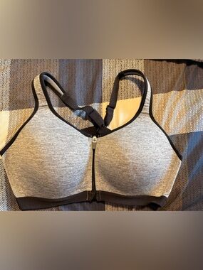 Athletic Works Gray Front-Zip Sports Bra with Black Trim